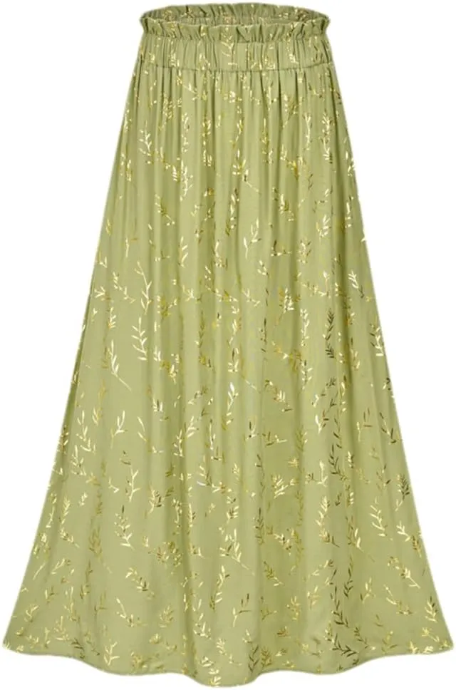 Women's Floral Pleated Midi Skirt Elastic High Waist Side Pocket A Line Flowy Long Maxi Skirt