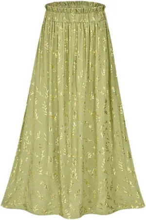 Women's Floral Pleated Midi Skirt Elastic High Waist Side Pocket A Line Flowy Long Maxi Skirt