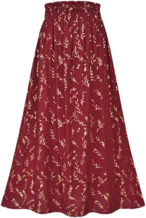 Women's Floral Pleated Midi Skirt Elastic High Waist Side Pocket A Line Flowy Long Maxi Skirt