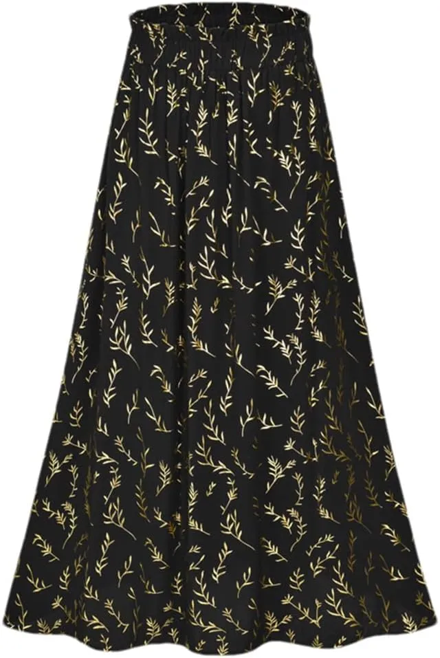 Women's Floral Pleated Midi Skirt Elastic High Waist Side Pocket A Line Flowy Long Maxi Skirt