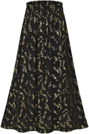 Women's Floral Pleated Midi Skirt Elastic High Waist Side Pocket A Line Flowy Long Maxi Skirt