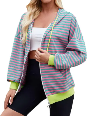 Womens Full-Zip Hoodie Sweatshirts Long Sleeve Striped Shirts Pullover Color Block Drawstring Fall Winter Tops Outfit