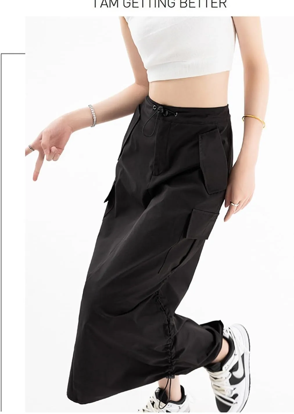Women's High Waist Cargo Maxi Skirt Ruched Drawstring Baggy Long Skirts