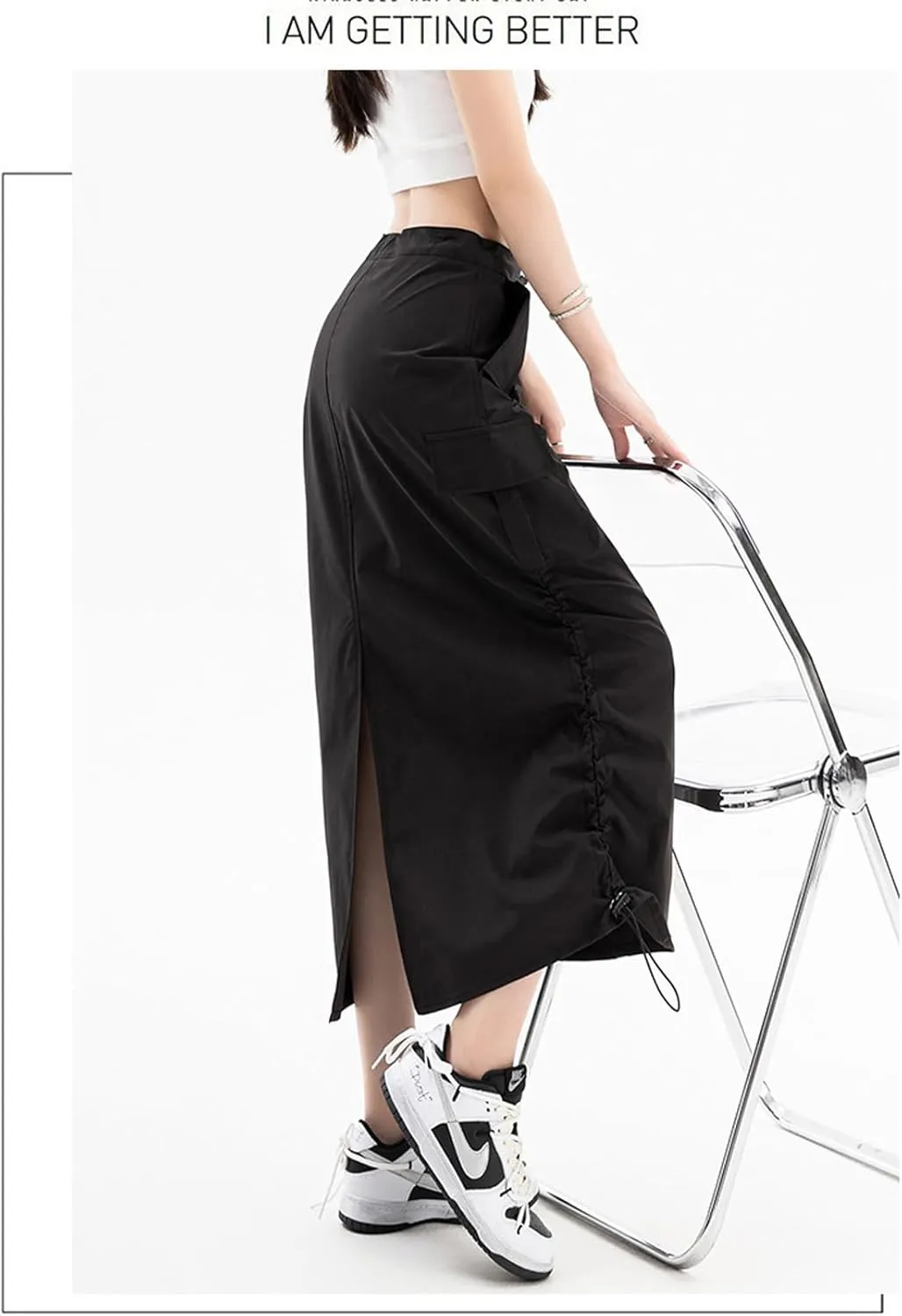Women's High Waist Cargo Maxi Skirt Ruched Drawstring Baggy Long Skirts