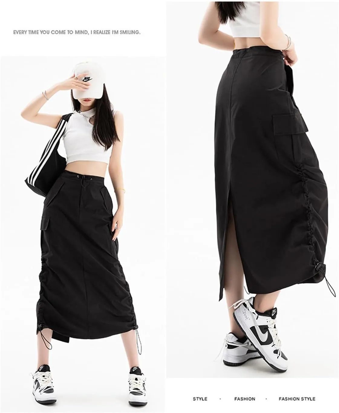Women's High Waist Cargo Maxi Skirt Ruched Drawstring Baggy Long Skirts