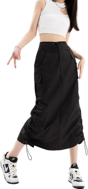 Women's High Waist Cargo Maxi Skirt Ruched Drawstring Baggy Long Skirts