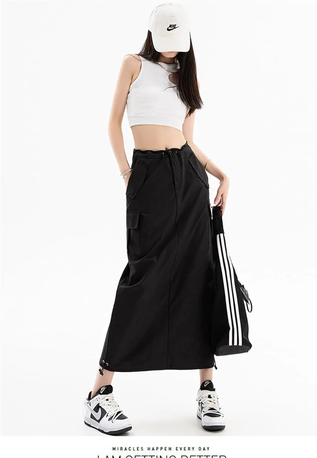Women's High Waist Cargo Maxi Skirt Ruched Drawstring Baggy Long Skirts