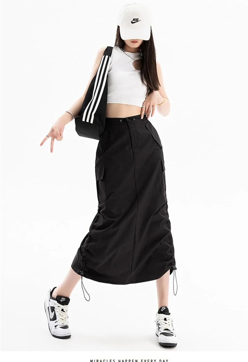Women's High Waist Cargo Maxi Skirt Ruched Drawstring Baggy Long Skirts