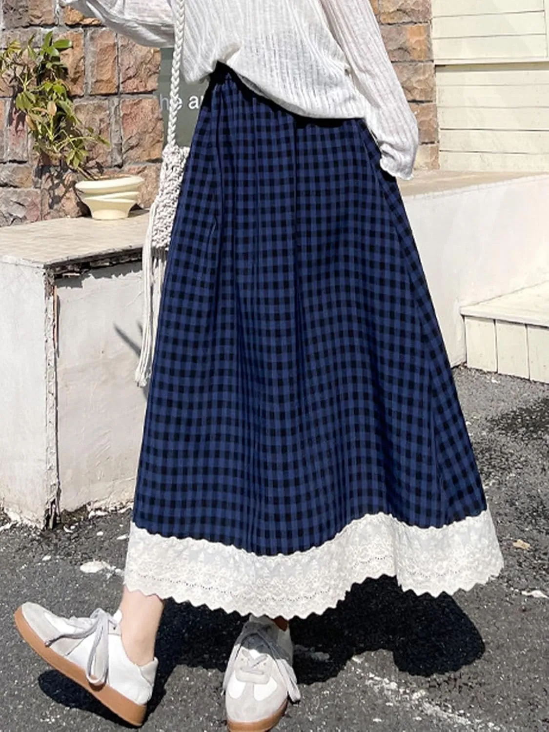 Women's High Waist Casual Plaid Gingham Skirt Lace Eyelet Ruffle Hem A Line Maxi Skirt