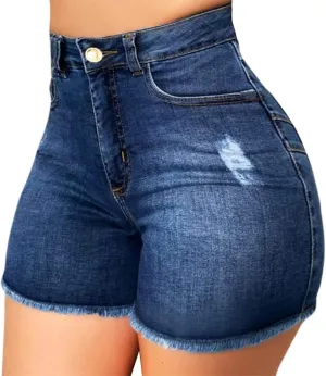 Womens High Waisted Skinny Stretchy Denim Shorts Frayed Raw Hem Casual Jean Shorts with Button Pockets