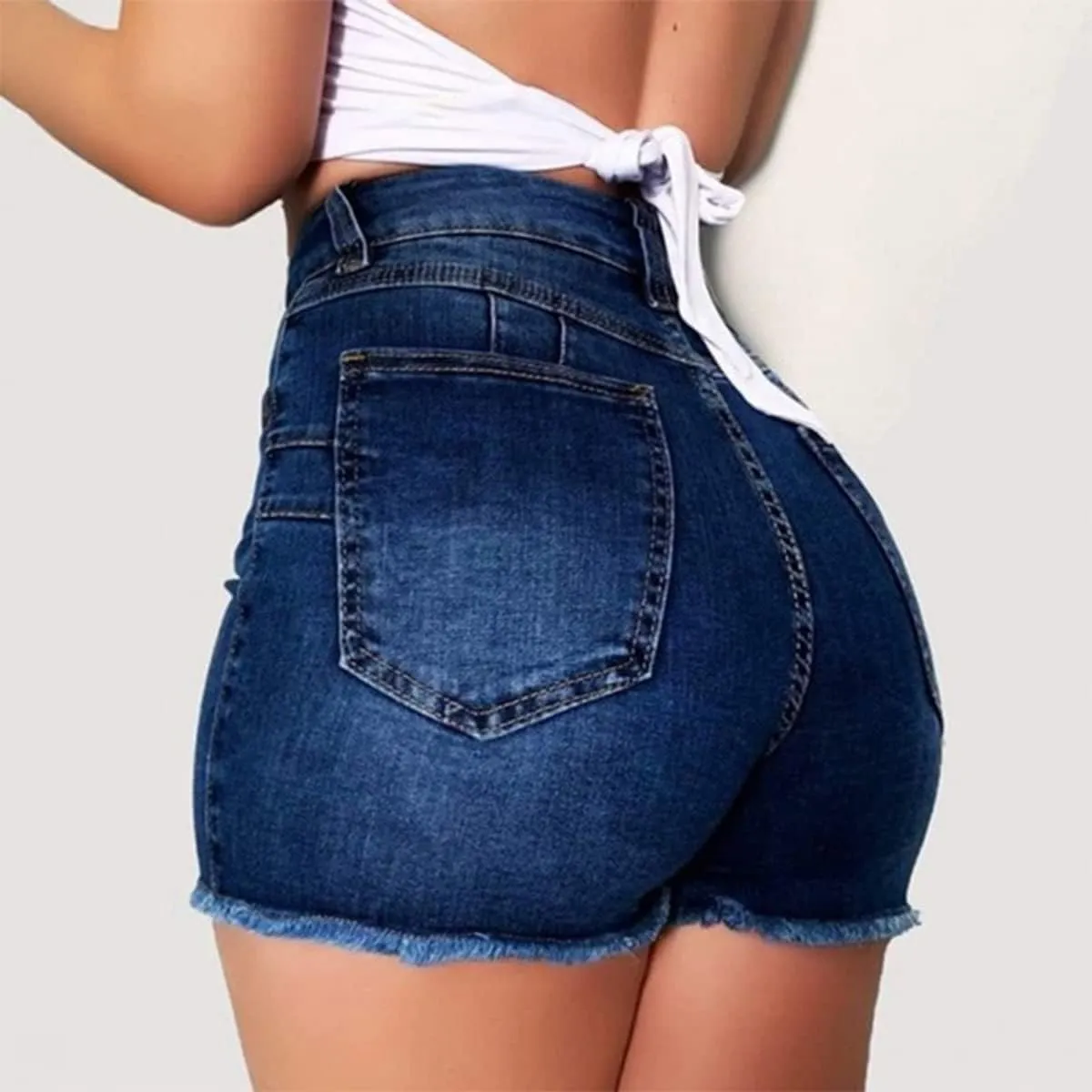 Womens High Waisted Skinny Stretchy Denim Shorts Frayed Raw Hem Casual Jean Shorts with Button Pockets