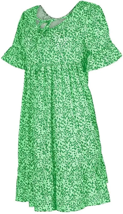 Women's Ladies Sexy Loose Print Hlaf Sleeve Ruffles Mini Dress Summer Dress Bump Friendly Dress