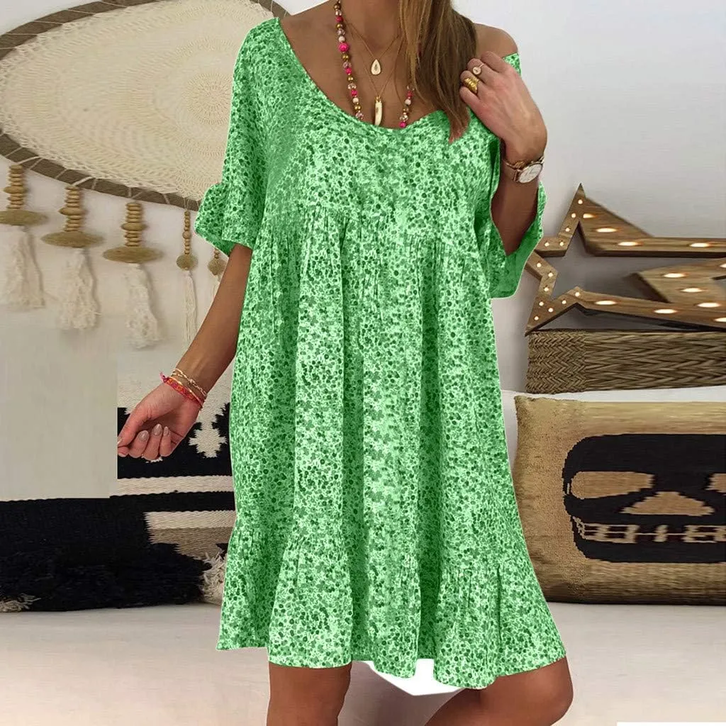 Women's Ladies Sexy Loose Print Hlaf Sleeve Ruffles Mini Dress Summer Dress Bump Friendly Dress