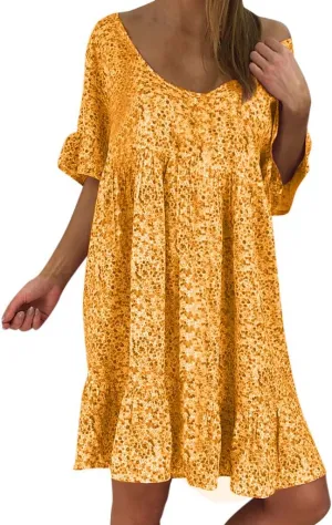 Women's Ladies Sexy Loose Print Hlaf Sleeve Ruffles Mini Dress Summer Dress Bump Friendly Dress