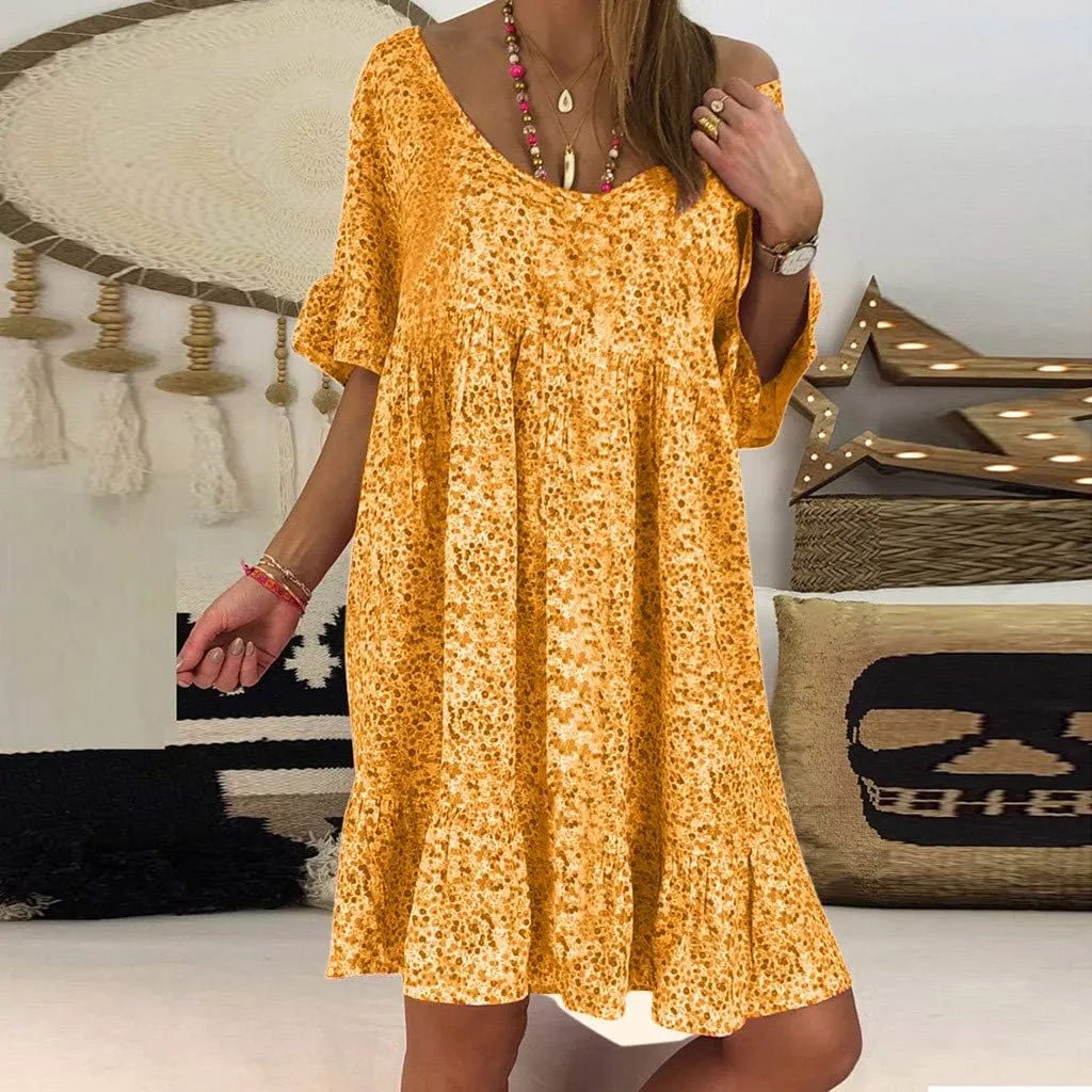 Women's Ladies Sexy Loose Print Hlaf Sleeve Ruffles Mini Dress Summer Dress Bump Friendly Dress
