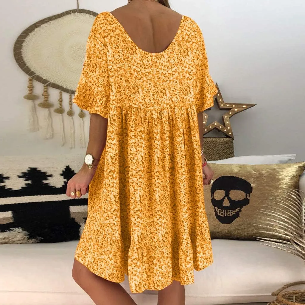 Women's Ladies Sexy Loose Print Hlaf Sleeve Ruffles Mini Dress Summer Dress Bump Friendly Dress