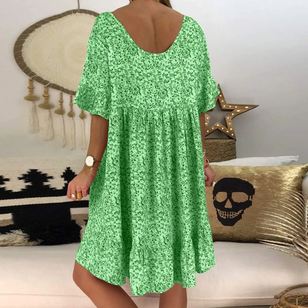 Women's Ladies Sexy Loose Print Hlaf Sleeve Ruffles Mini Dress Summer Dress Bump Friendly Dress