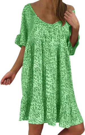 Women's Ladies Sexy Loose Print Hlaf Sleeve Ruffles Mini Dress Summer Dress Bump Friendly Dress