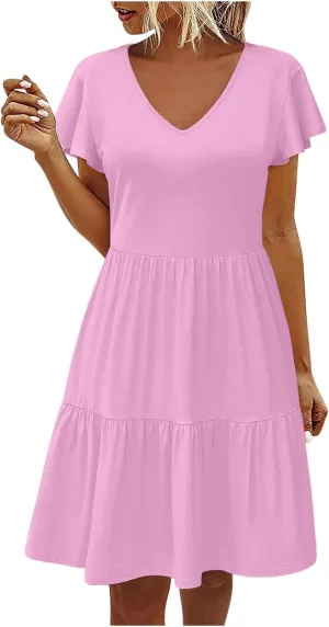 Womens Layered Dresses Ruffle Short Sleeve V Neck Dress Fashion Trending Swing Mini Dress A-Line Outfits