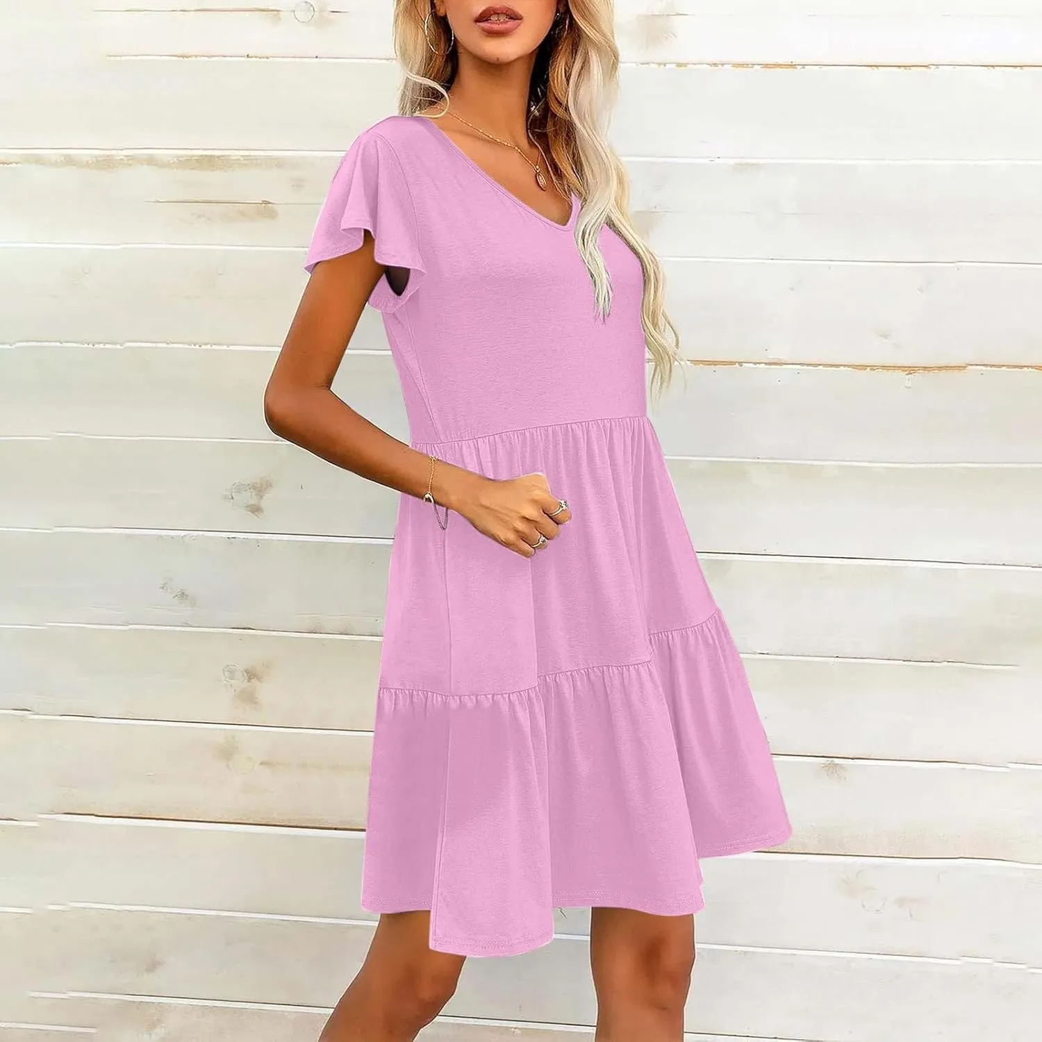 Womens Layered Dresses Ruffle Short Sleeve V Neck Dress Fashion Trending Swing Mini Dress A-Line Outfits