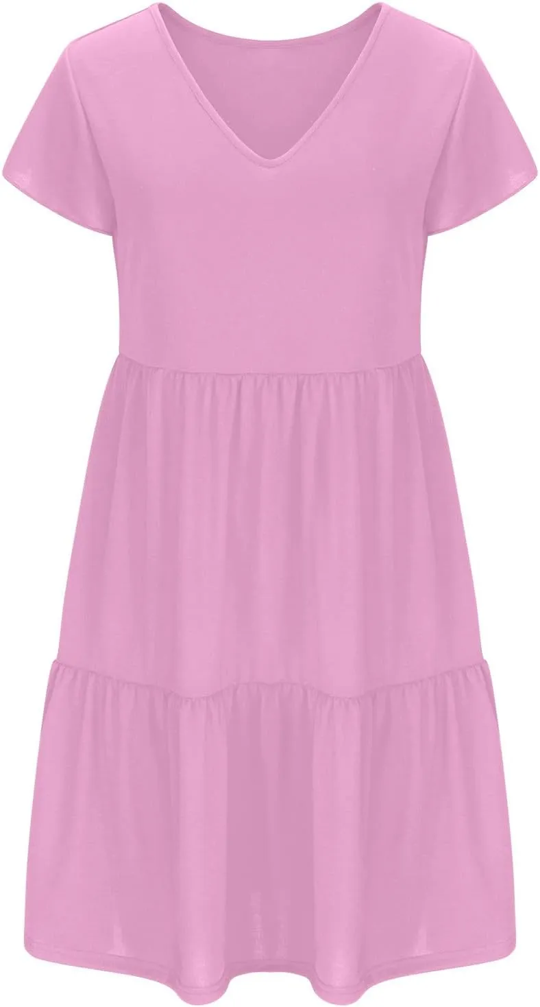 Womens Layered Dresses Ruffle Short Sleeve V Neck Dress Fashion Trending Swing Mini Dress A-Line Outfits