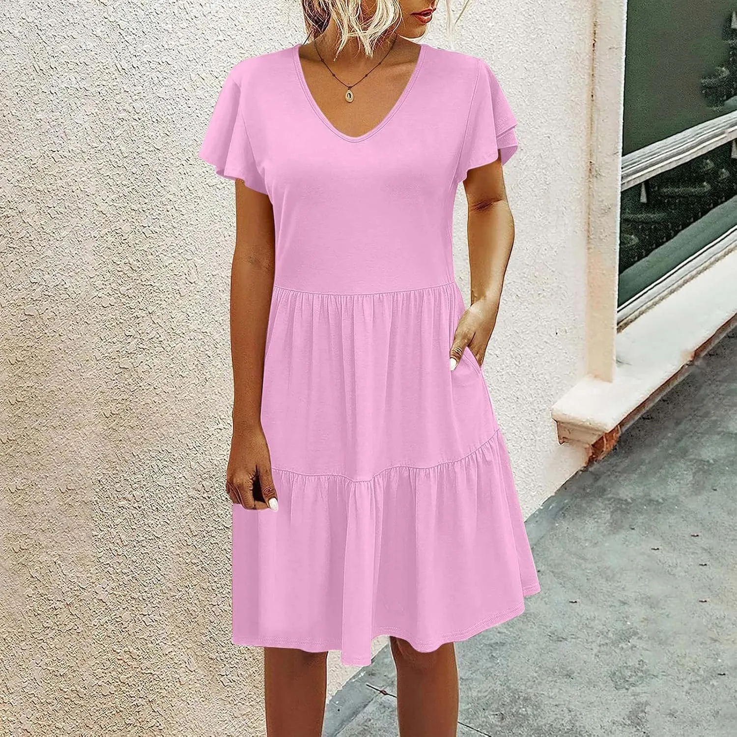 Womens Layered Dresses Ruffle Short Sleeve V Neck Dress Fashion Trending Swing Mini Dress A-Line Outfits