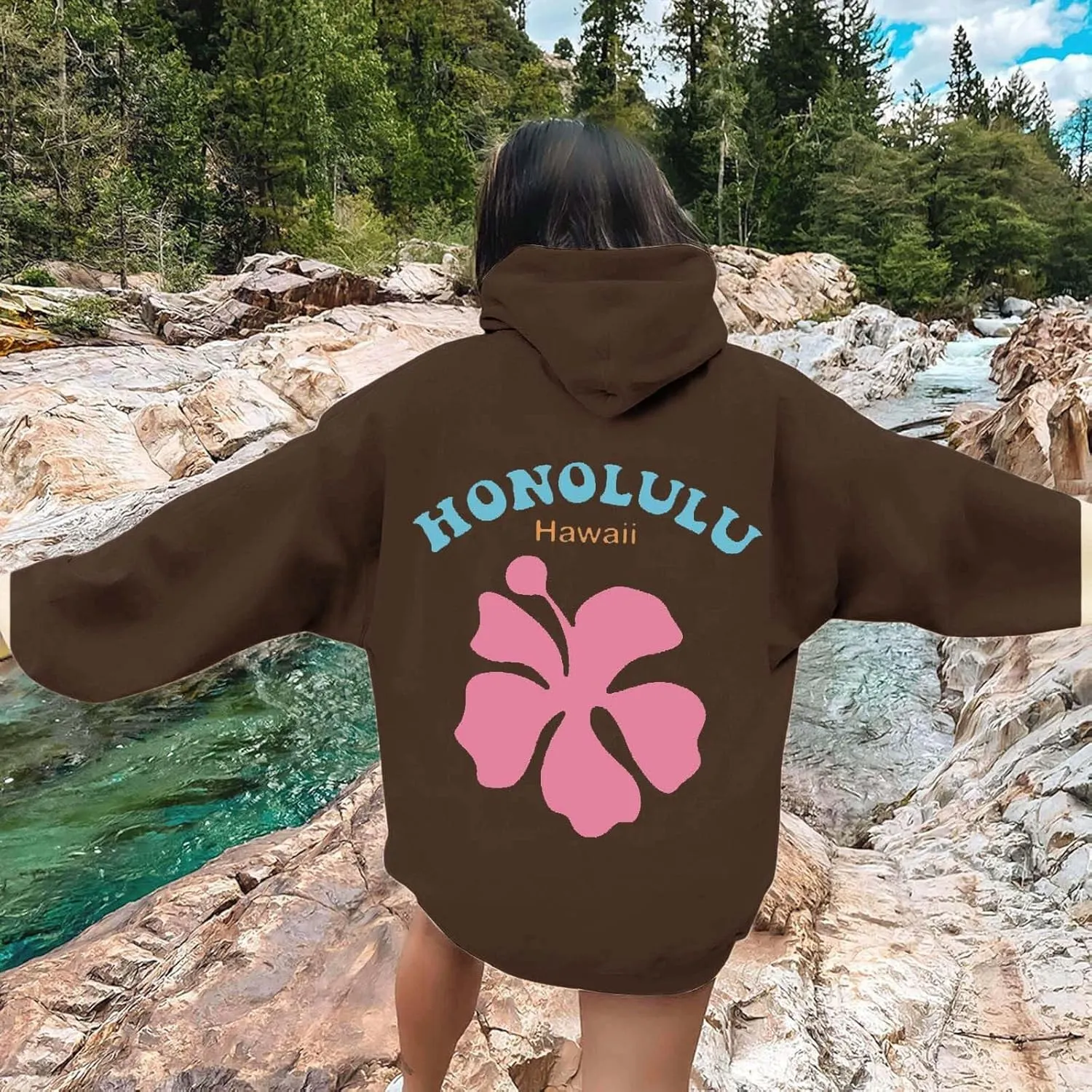Womens Letter Floral Print Hoodie 2024 Oversized Baggy Trendy Thermal Sweatshirts Cozy Hip Hop Y2K Casual Streetwear