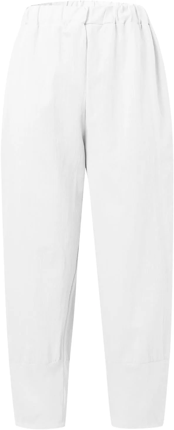 Womens Linen Blend Summer Baggy Pants Elastic Waist Stretchy Straight Plus Size Pant Trousers Beach