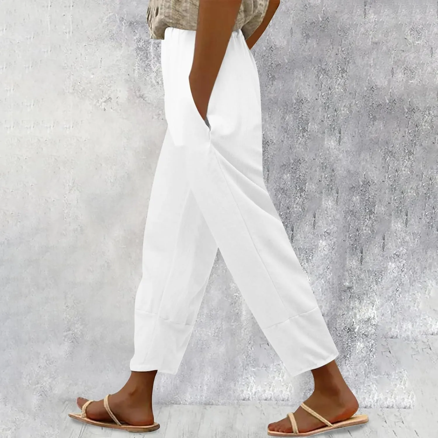 Womens Linen Blend Summer Baggy Pants Elastic Waist Stretchy Straight Plus Size Pant Trousers Beach