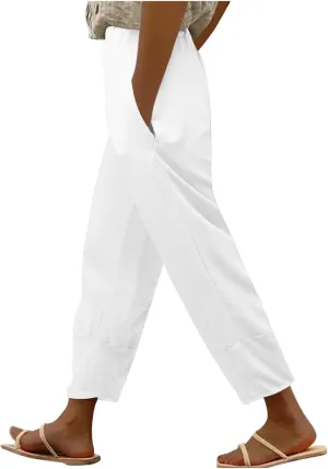 Womens Linen Blend Summer Baggy Pants Elastic Waist Stretchy Straight Plus Size Pant Trousers Beach