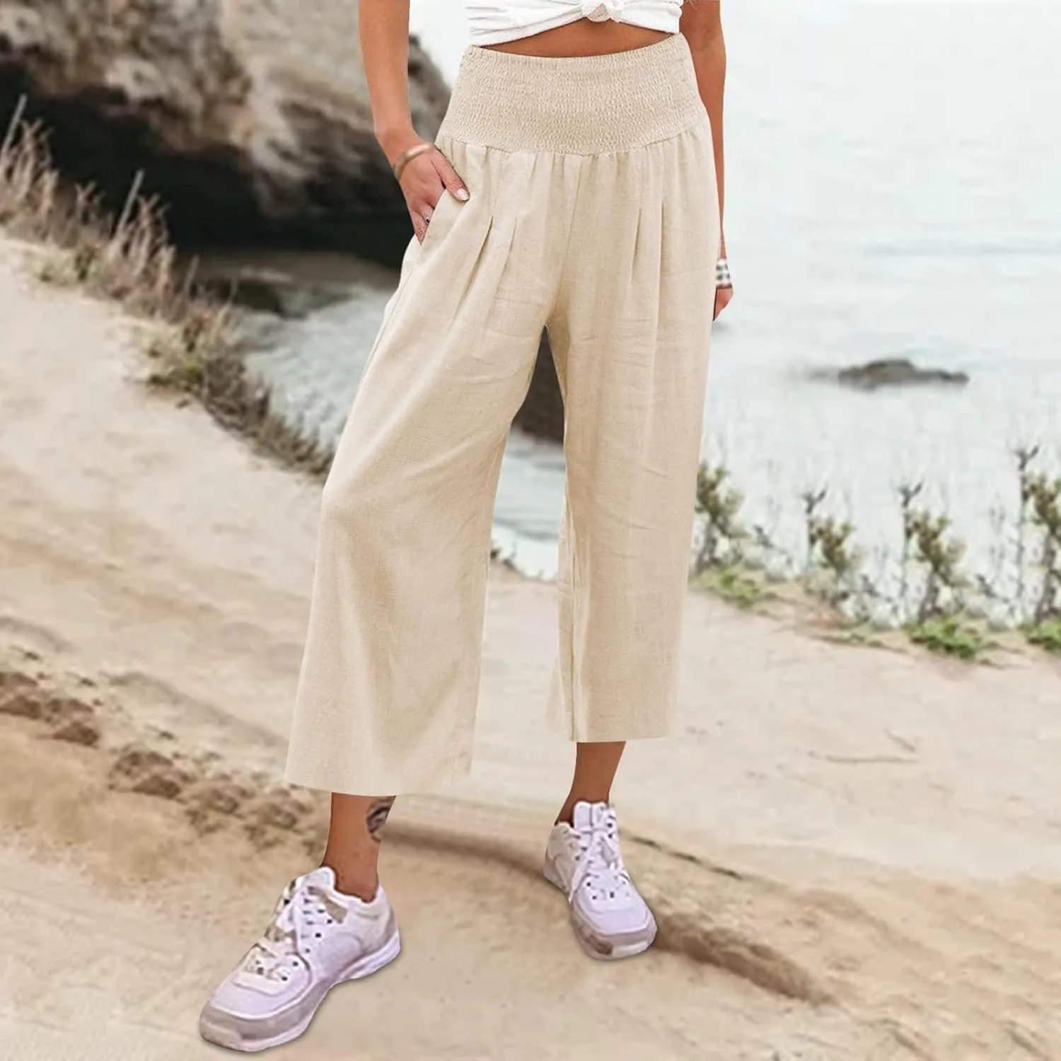 Women's Linen Blend Summer Floral Palazzo Pants Elastic Waist Ankle Length Loose Fit Trouser Trendy