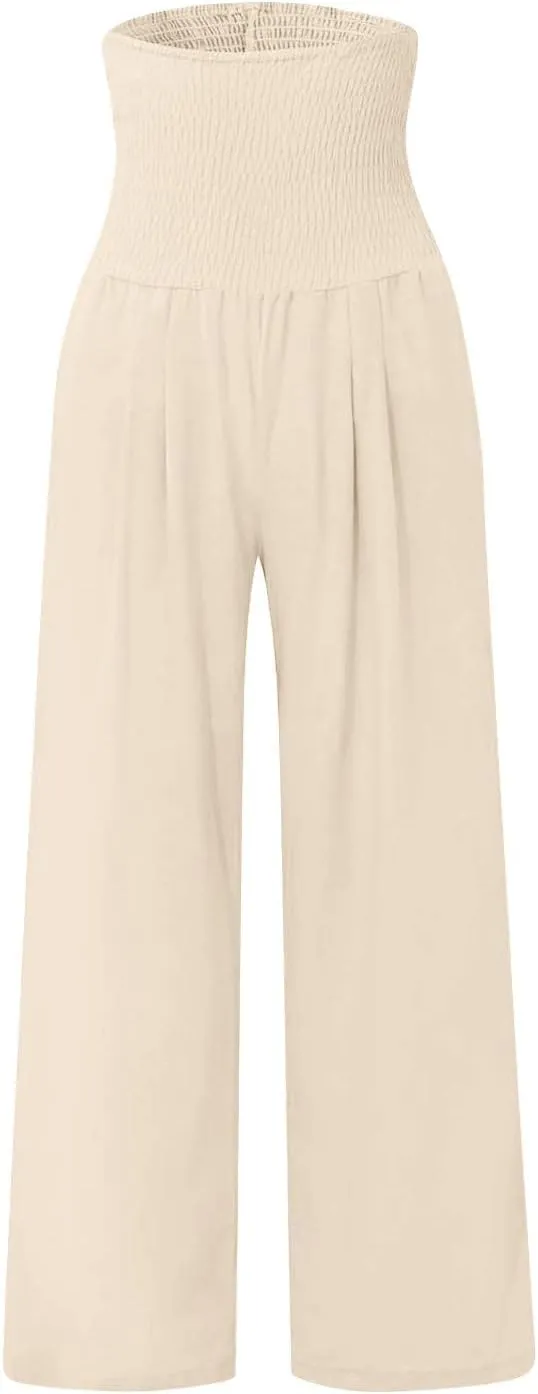 Women's Linen Blend Summer Floral Palazzo Pants Elastic Waist Ankle Length Loose Fit Trouser Trendy
