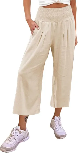 Women's Linen Blend Summer Floral Palazzo Pants Elastic Waist Ankle Length Loose Fit Trouser Trendy