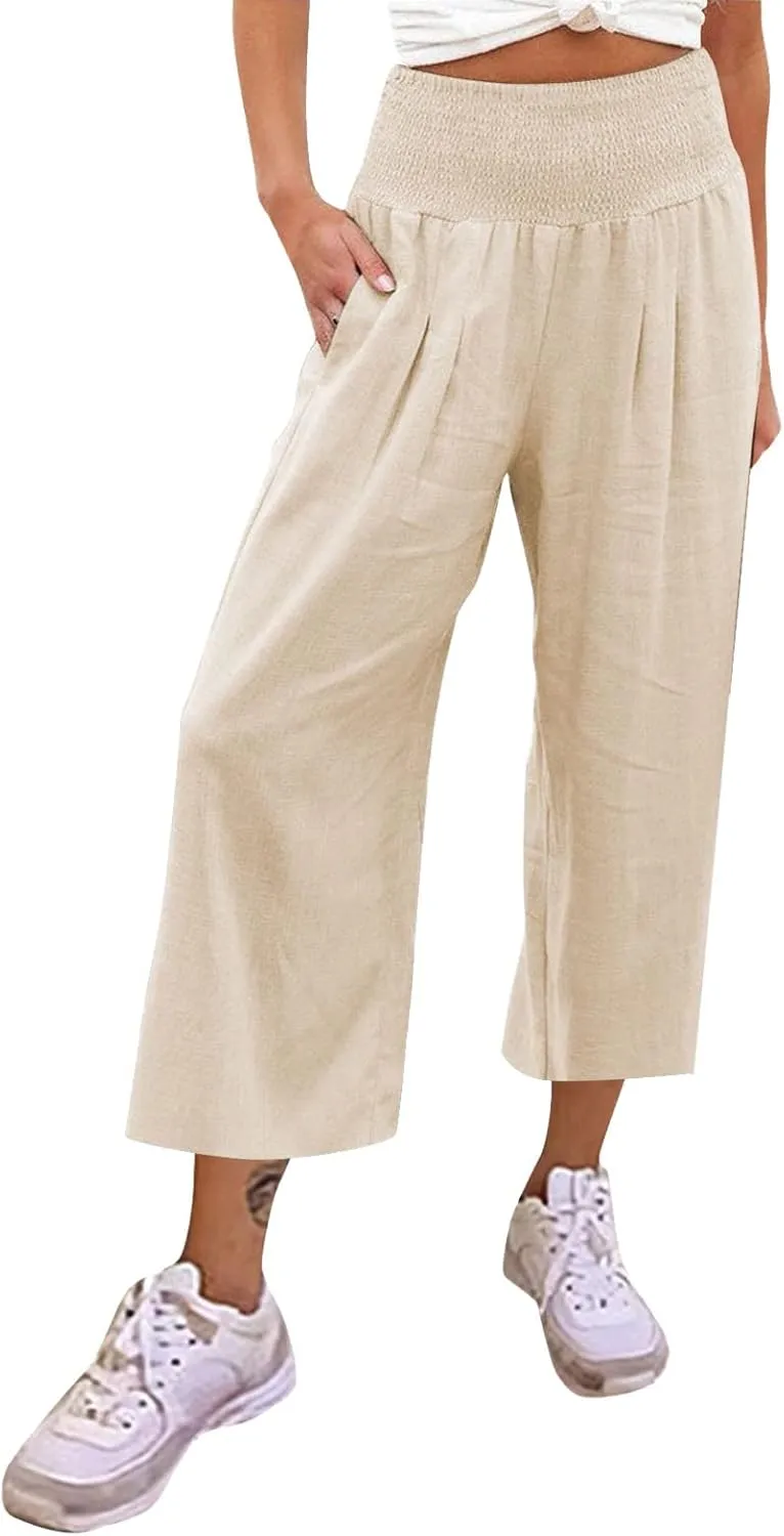 Women's Linen Blend Summer Floral Palazzo Pants Elastic Waist Ankle Length Loose Fit Trouser Trendy