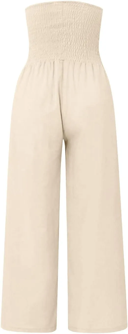 Women's Linen Blend Summer Floral Palazzo Pants Elastic Waist Ankle Length Loose Fit Trouser Trendy