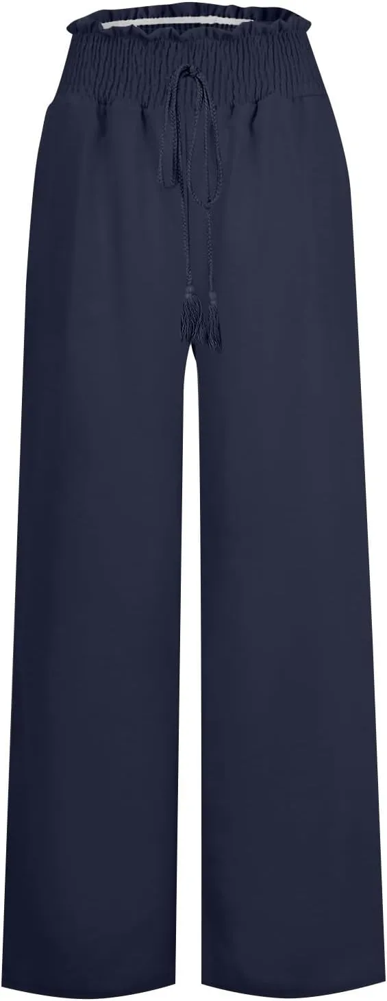 Women's Linen Blend Summer Lightweigt Pant Trousers Elastic Waisted Wide Leg Slim-Fit Pants Beach