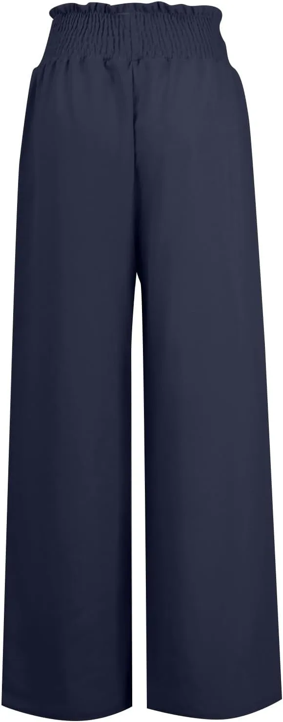 Women's Linen Blend Summer Lightweigt Pant Trousers Elastic Waisted Wide Leg Slim-Fit Pants Beach