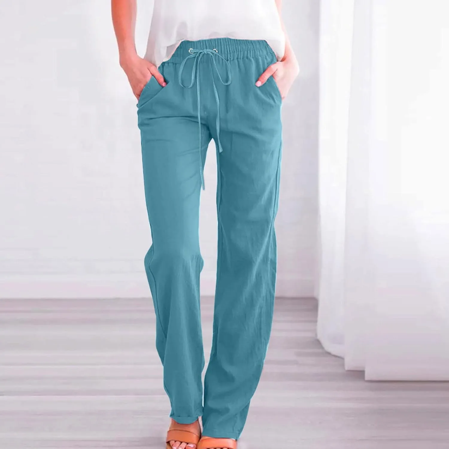 Womens Linen Summer Casual Flowy Palazzo Lounge Pants Elastic Waisted Baggy Stretchy Plus Size Palazzo