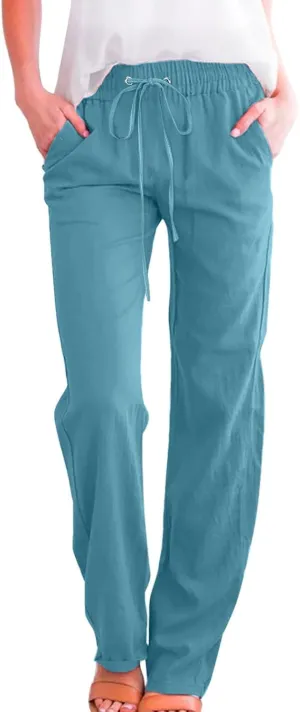 Womens Linen Summer Casual Flowy Palazzo Lounge Pants Elastic Waisted Baggy Stretchy Plus Size Palazzo