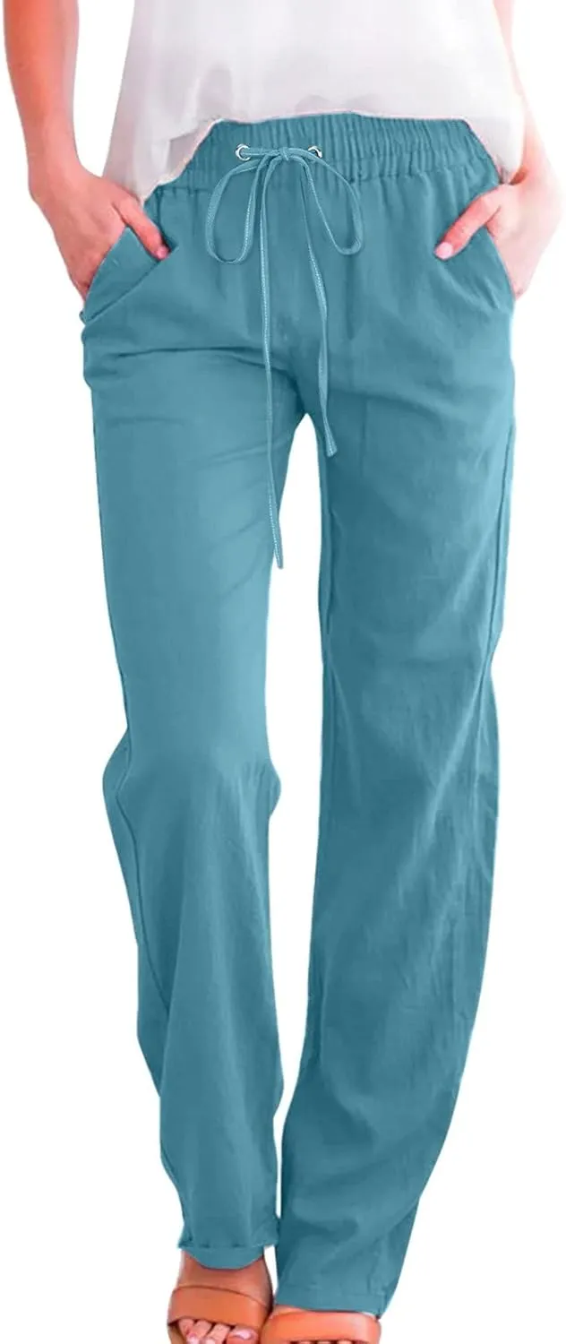 Womens Linen Summer Casual Flowy Palazzo Lounge Pants Elastic Waisted Baggy Stretchy Plus Size Palazzo