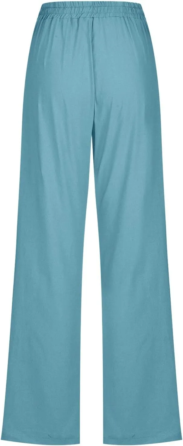 Womens Linen Summer Casual Flowy Palazzo Lounge Pants Elastic Waisted Baggy Stretchy Plus Size Palazzo