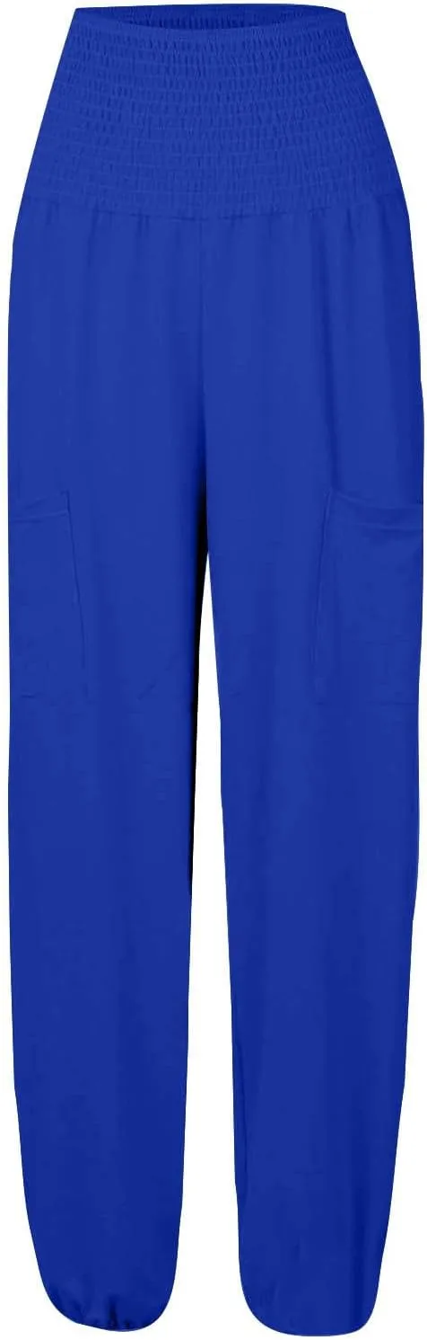 Women's Linen Summer Drawstring Palazzo Pants Low Waist Baggy Stretchy Slim Fit Pant Trousers Business Work