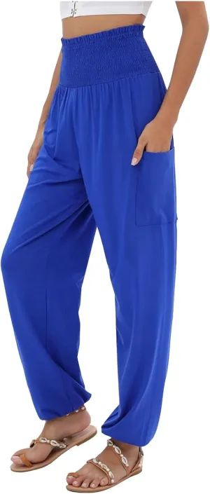 Women's Linen Summer Drawstring Palazzo Pants Low Waist Baggy Stretchy Slim Fit Pant Trousers Business Work