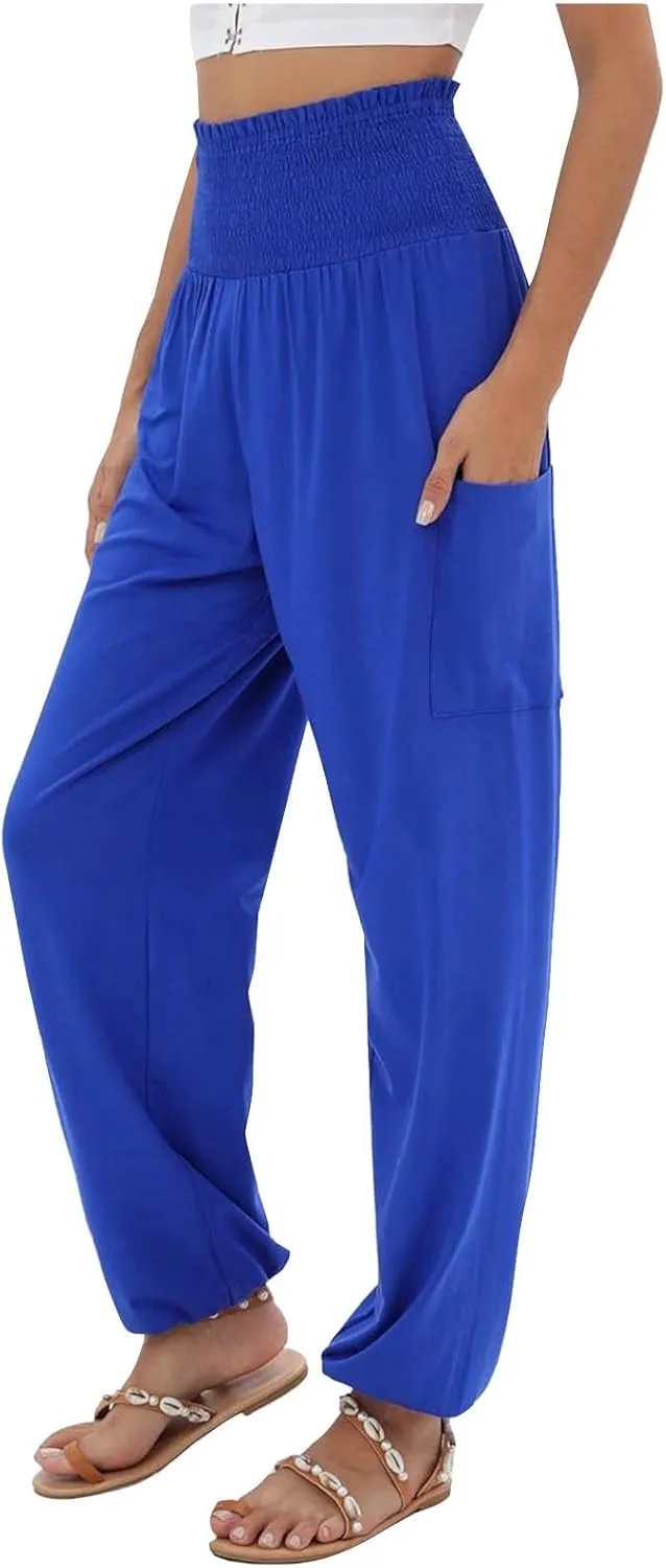 Women's Linen Summer Drawstring Palazzo Pants Low Waist Baggy Stretchy Slim Fit Pant Trousers Business Work