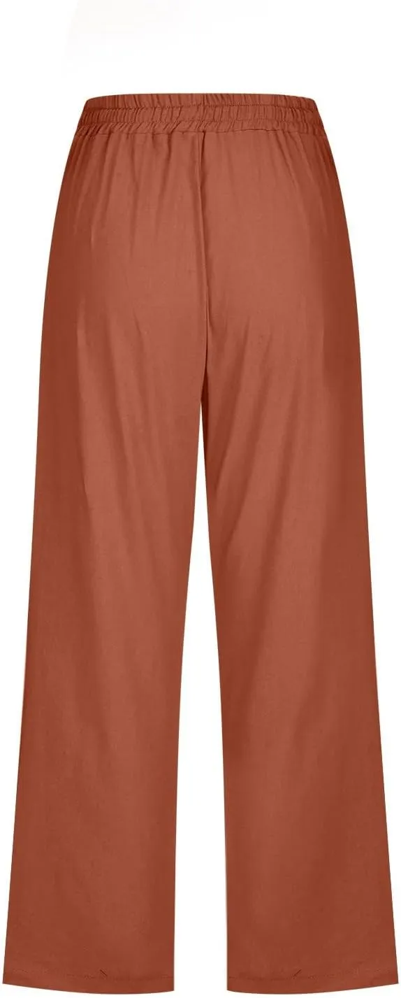 Women's Linen Summer Drawstring Palazzo Pants Low Waist Baggy Stretchy Slim Fit Pant Trousers Business Work