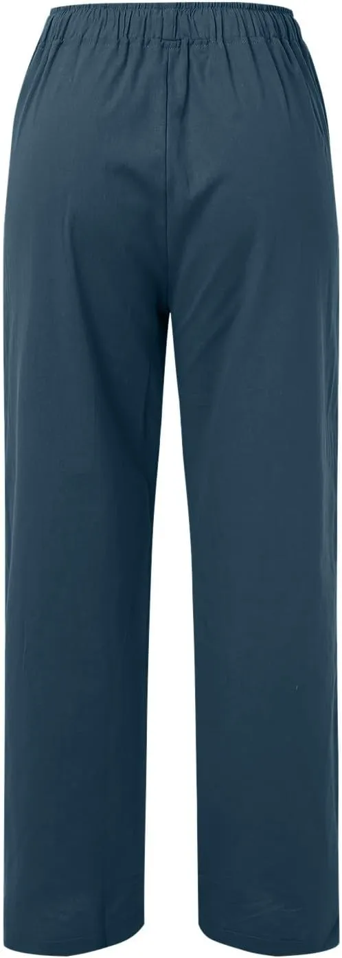 Womens Linen Summer Solid Palazzo Lounge Pants Low Waist Stretchy Loose Fit Trousers Work Business