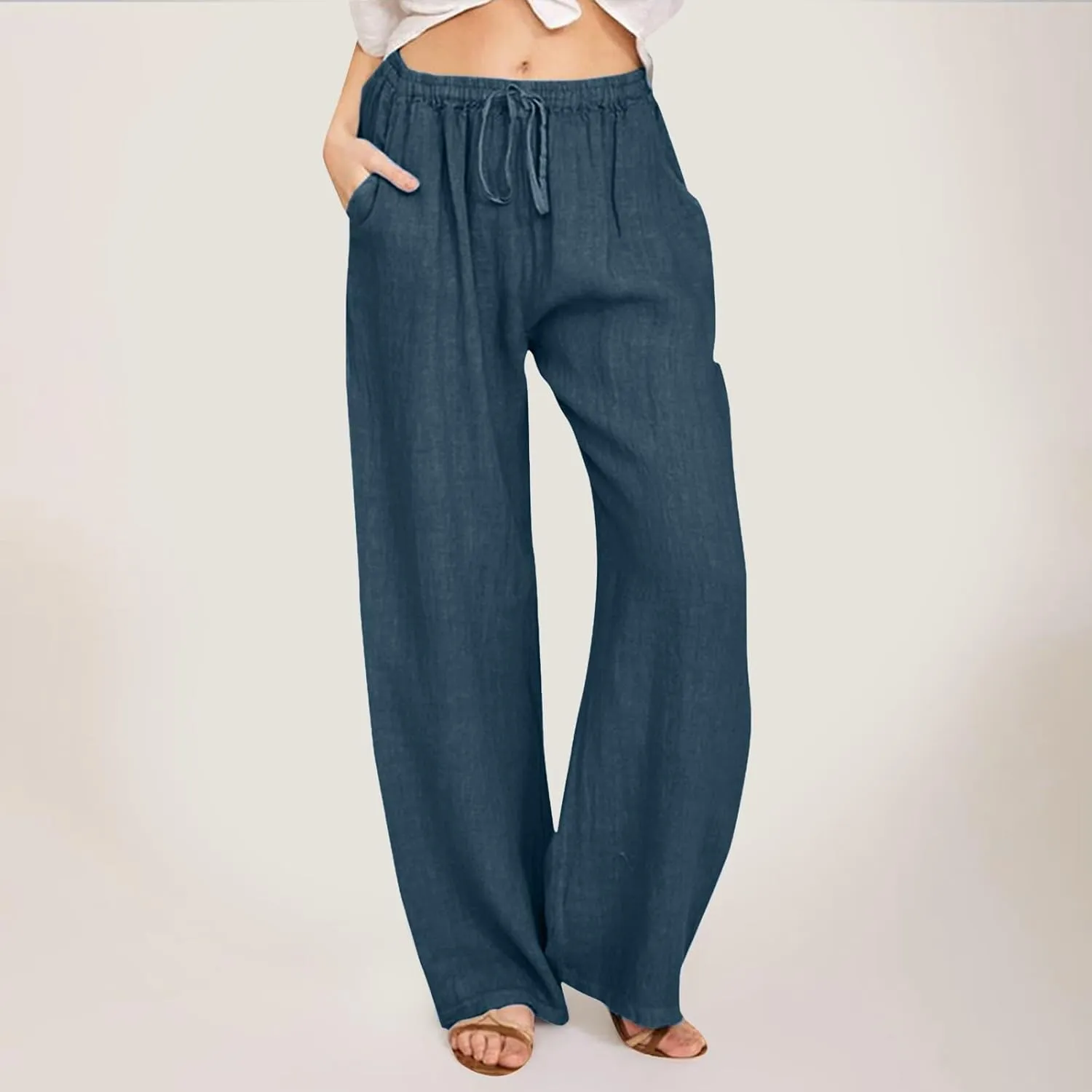 Womens Linen Summer Solid Palazzo Lounge Pants Low Waist Stretchy Loose Fit Trousers Work Business