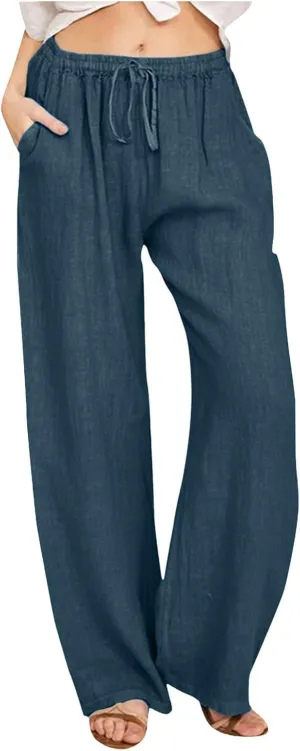 Womens Linen Summer Solid Palazzo Lounge Pants Low Waist Stretchy Loose Fit Trousers Work Business