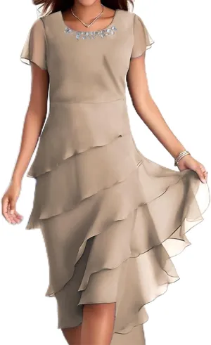 Women's Long Mother of The Bride Dresses for Wedding Chiffon Short Sleeve Crew Neck Tiered Formal Evening Dress 2025