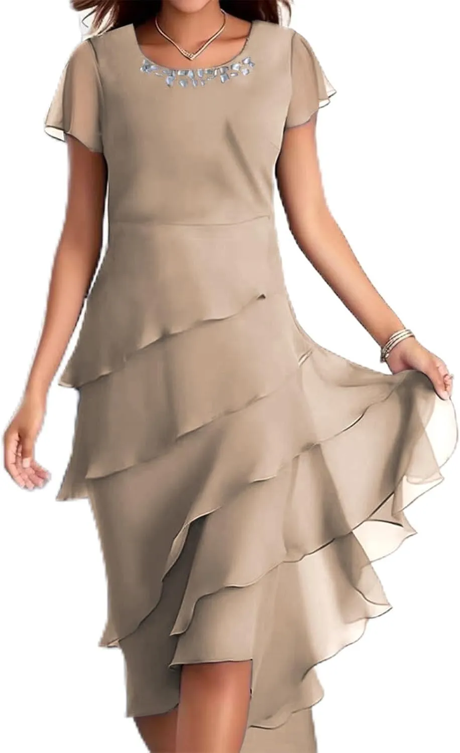 Women's Long Mother of The Bride Dresses for Wedding Chiffon Short Sleeve Crew Neck Tiered Formal Evening Dress 2025